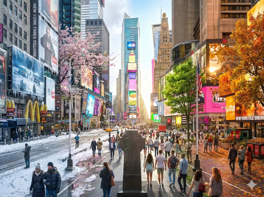 Alt text: Times Square showing seamless transition through four seasons - winter snow and cold lighting on left, spring cherry blossoms, summer bright sunshine with crowds, autumn golden foliage on right, all in one unified cityscape