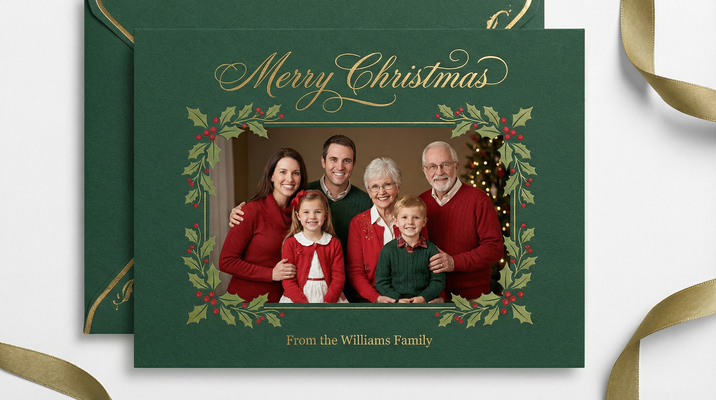 Alt text: Elegant Christmas greeting card design with smiling family portrait and "Merry Christmas" text in beautiful gold script font, decorated with holly leaves and red berries on deep green background creating sophisticated and festive warm family holiday greeting