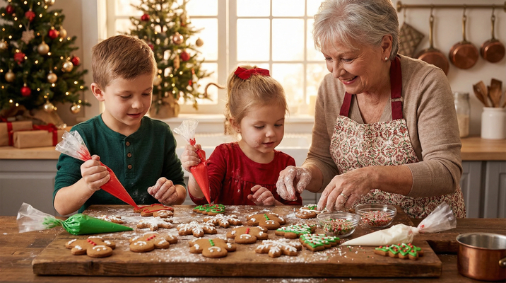 Alt text: Grandmother and children decorating beautiful Christmas cookies together including gingerbread men, snowflakes, Christmas trees with colorful icing, hands reaching for cookies on wooden board with warm kitchen background creating heartwarming family baking moment