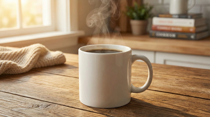 White ceramic coffee mug on wooden table, morning light from window,
steam rising from hot coffee, cozy kitchen background, product photography,
high-quality e-commerce shot