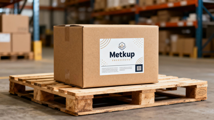 Cardboard shipping box mockup with custom label design, natural kraft paper texture,
sitting on wooden shipping pallet, warehouse background slightly blurred,
realistic product photography, commercial quality