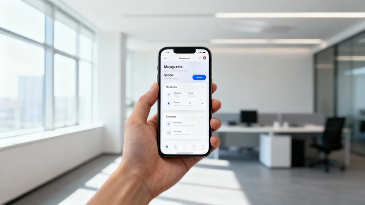 Smartphone mockup held in hand, screen displaying mobile app interface,
modern minimalist office background, natural window light,
professional tech product photography, sharp focus on device