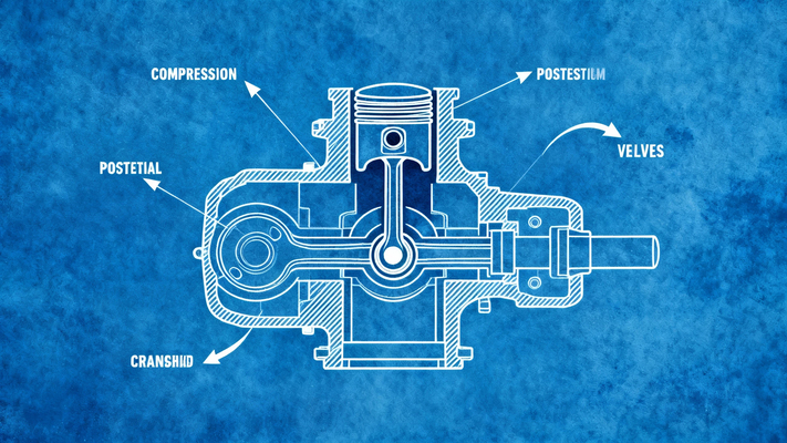 Educational cross-section diagram of four-stroke internal combustion engine in cutaway view