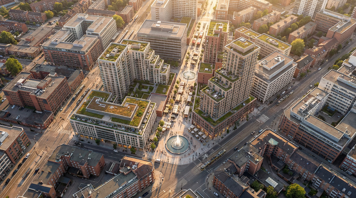 Bird's-eye view of mixed-use urban development with varying building
